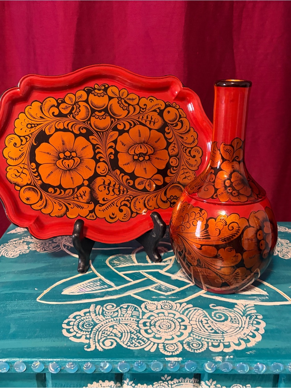 Vintage Soviet Khokhloma Wooden Vase and Tray Set